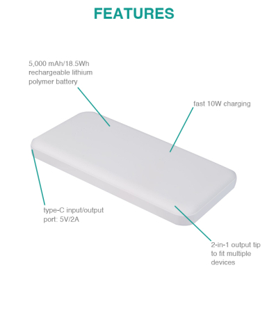 UL Listed 5,000 mAh Power Bank with Multi-Cables