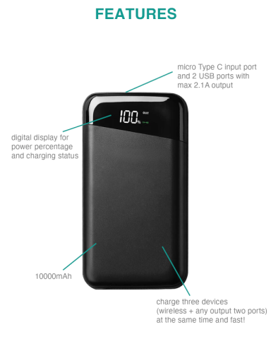 Richmond 10,000mAh Power Bank and Wireless Charger 2-in-1