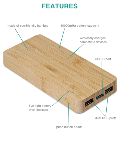 Hayes Street Bamboo Eco-Friendly Wireless Charger 10000mAh Power Bank