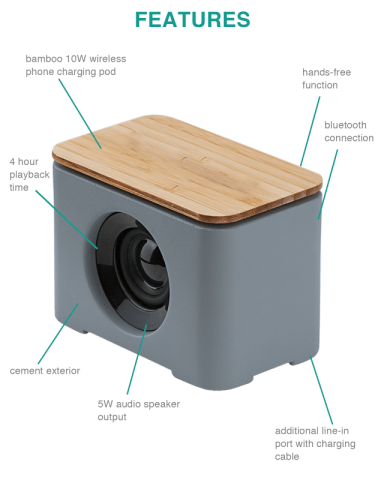 Tulare Eco-Friendly Cement & Bamboo Speaker and Wireless Charger